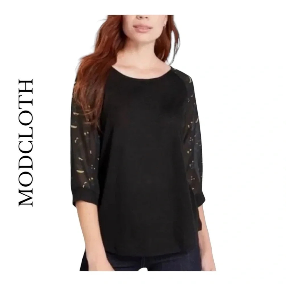 0417W. MODCLOTH 3/4 SHEER SLEEVE HALLOWEEN TOP SIZE MEDIUM BLACK/ORANGE/YELLOW